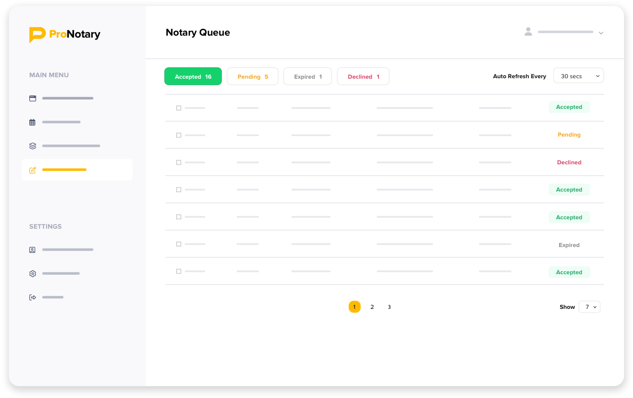 Notary queue screen showing accepted, pending, expired and declined RON requests